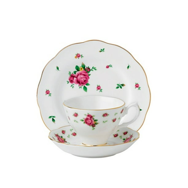 Saucer and Plate Set White Royal Albert 3-Piece New Country Roses Teacup